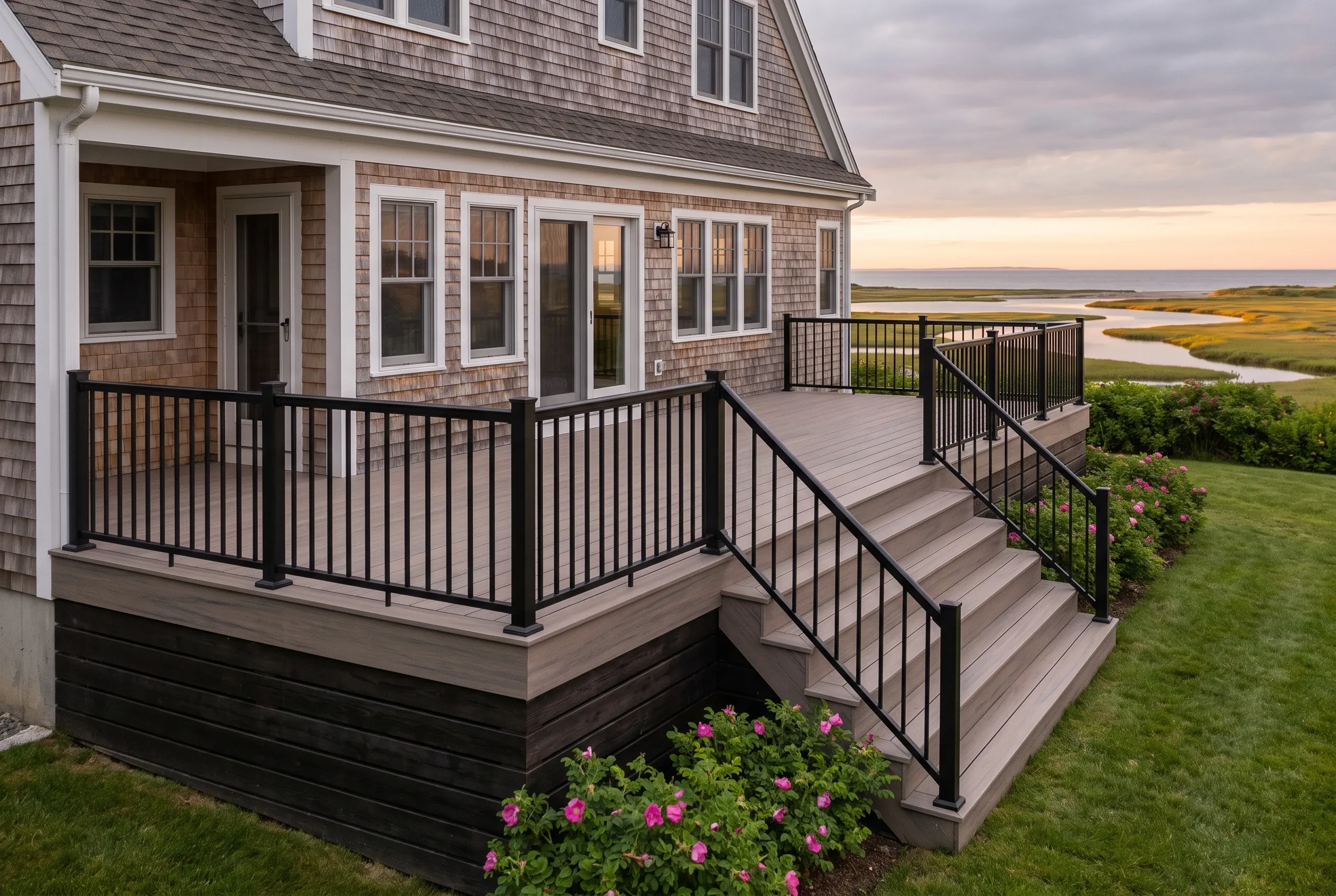 Brown composite deck on a shingle-sided coastal home, with black metal guards, broad stairs and salt-marsh scenery.