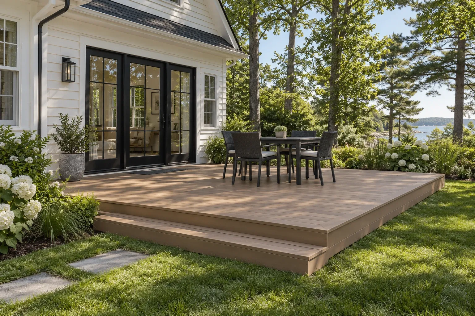 Southern Maine Deck Builders: wood-tone composite deck beside a white home, broad steps to a lawn and black dining furniture.