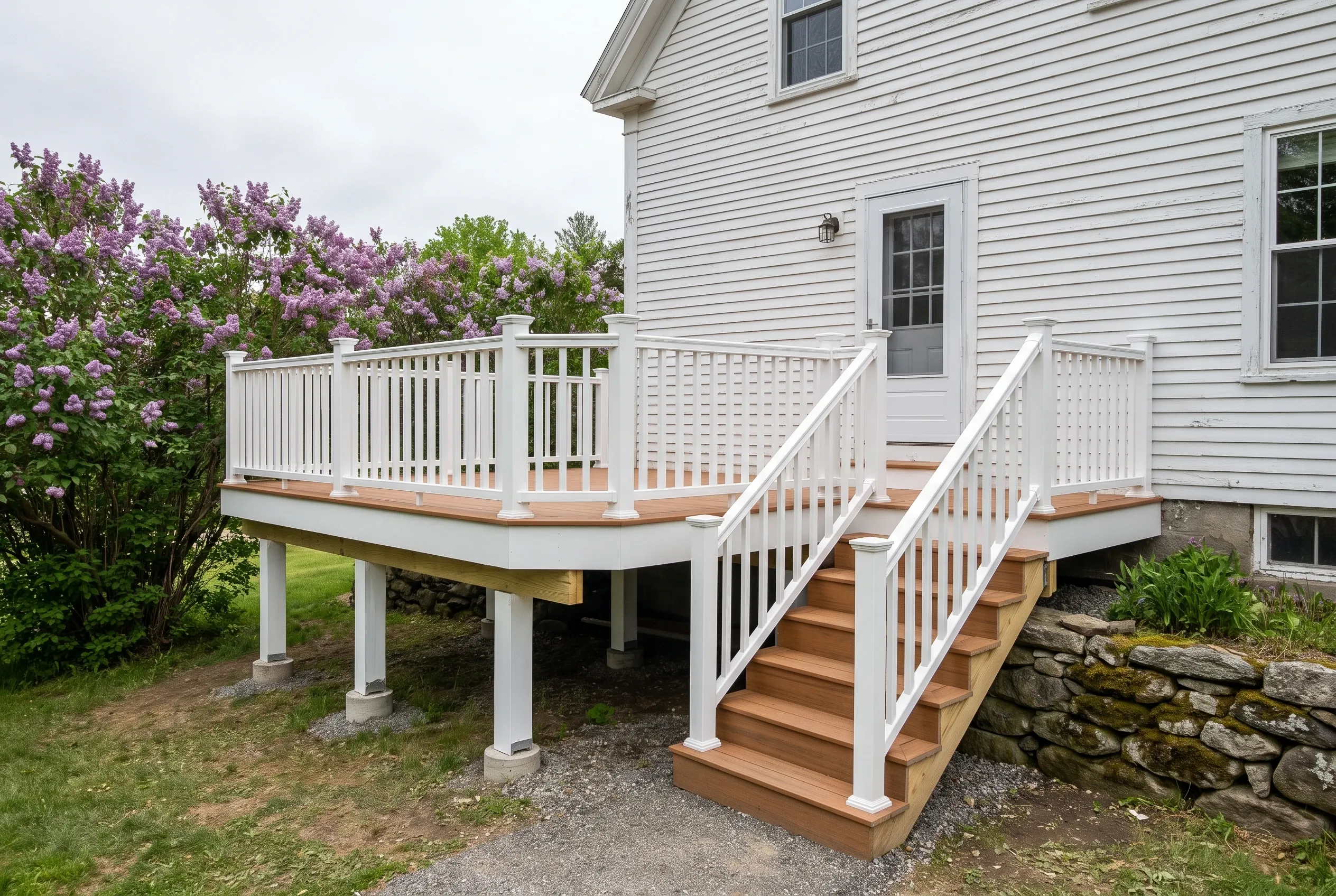 Rebuilt wood-tone deck and stairs with white rails beside a white Maine house and mature lilacs.