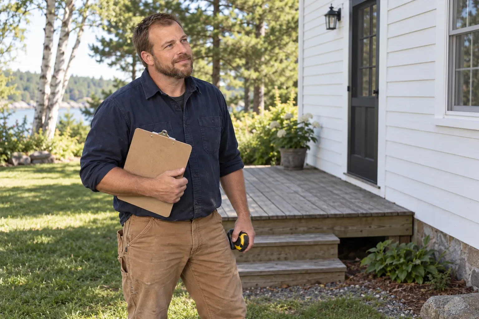 Adam Bennett considering a deck layout beside a white home, holding a clipboard and tape measure.