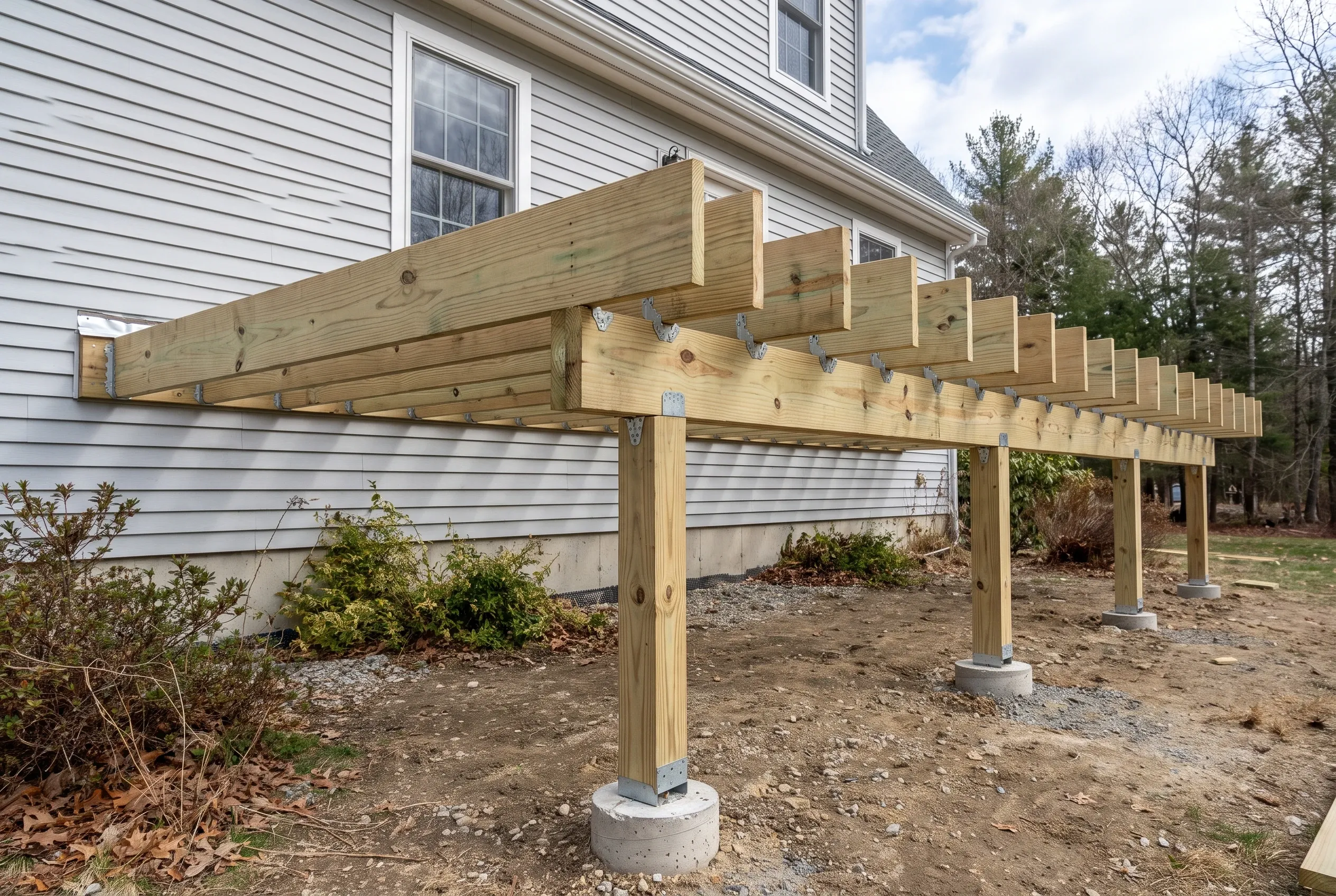 Pressure-treated deck framing on timber posts and concrete piers beside a house, before decking boards are installed.