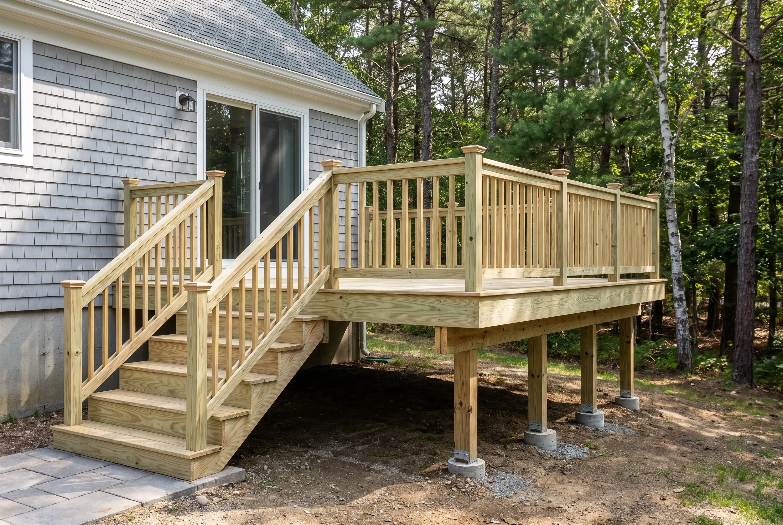 Pressure-treated wood deck beside a gray shingle home, with wood guards, a stairway to a paved landing and concrete footings.